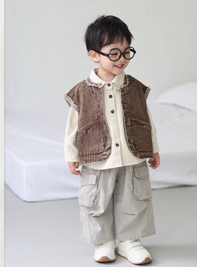 儿童2026春季新款日系马甲宝宝韩版纯色衬衫男童韩版宽松工装裤潮