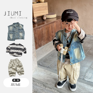 条纹打底衫 新款 复古牛仔马甲2026春季 潮 裤 套装 儿童工装 男宝宝春装