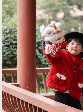 儿童冬季加厚新年拜年服男童红色喜庆新年衣服男宝传统中国风套装