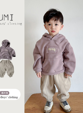 儿童冬装2026新款韩版男童加绒连帽卫衣中小童保暖加绒卫裤套装潮