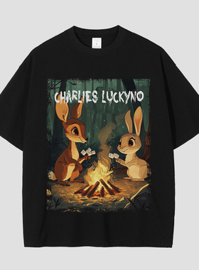 CHARLIES LUCKYNO小鹿插画艺术喷绘黑色宽松男女情侣款短袖T恤潮