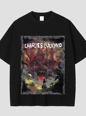 CHARLIES LUCKYNO古堡探索潮牌喷绘黑色宽松男女情侣款短袖T恤