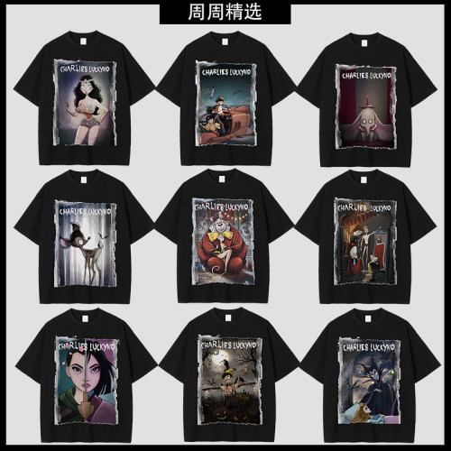 欧美潮牌明星同款美式重磅纯棉环保喷绘印花宽松情侣款短袖T恤潮