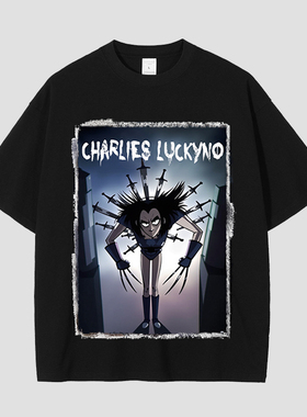 CHARLIES LUCKYNO欧美潮牌艺术美式重磅纯棉黑色情侣款短袖T恤潮