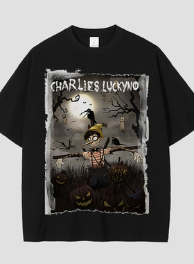 CHARLIES LUCKYNO麦田小草人潮牌艺术环保喷绘黑色情侣款短袖T恤