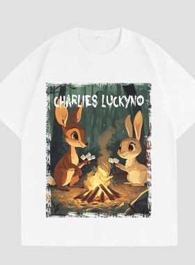 CHARLIES LUCKYNO小鹿插画艺术喷绘白色宽松男女情侣款短袖T恤潮