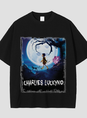 CHARLIES LUCKYNO鬼娃探路潮牌喷绘黑色宽松男女情侣款短袖T恤