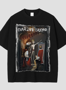 CHARLIES LUCKYNO皇帝的新衣潮牌艺术环保喷绘黑色情侣款短袖T恤