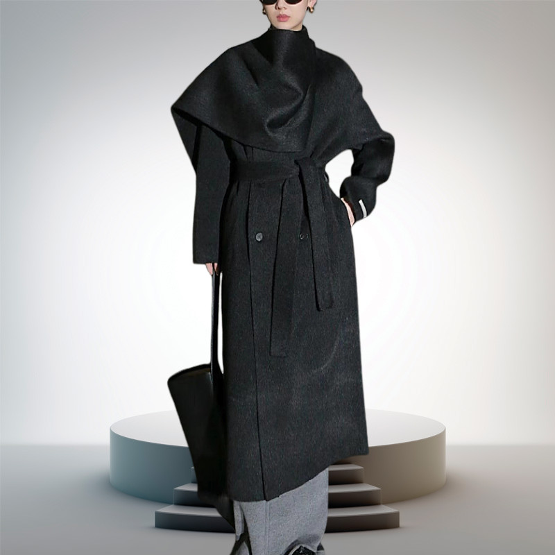 轻奢女士大衣高级感驼绒双面羊毛呢外套24秋冬新款围巾领过膝长款