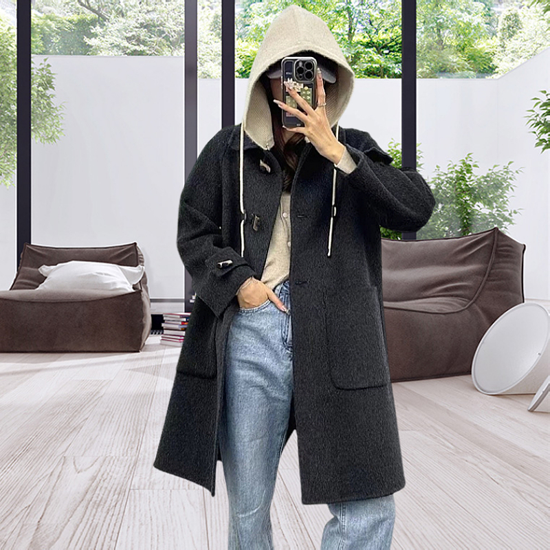 澳毛宽松韩版可拆卸连帽毛呢外套