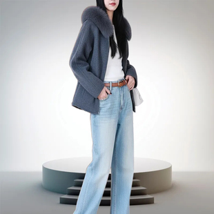 高货苏力羊驼绒连帽狐狸毛领小个子短款双面呢女士大衣外套冬新款