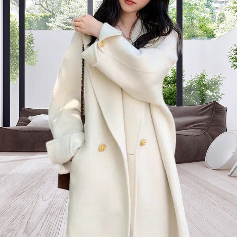 高级感桑蚕丝兔绒双面羊绒大衣女西装领翻袖过膝长款毛呢外套韩版