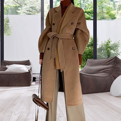 100骆驼绒中长款双排扣大衣外套