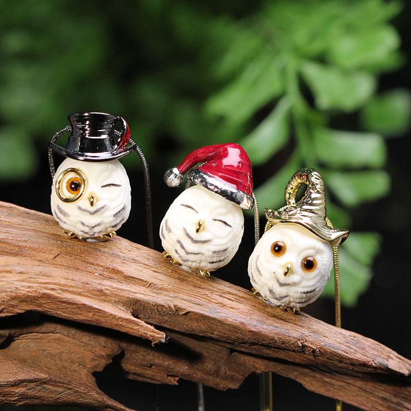 原创设计丨鹿角猫头鹰雪鸮吊坠魔法帽铜镀金珐琅小众首饰个性礼物