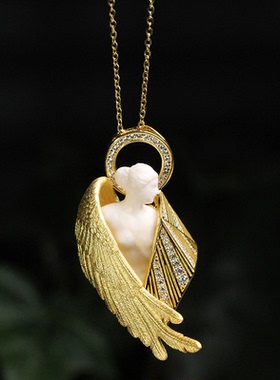 原创设计丨S925银镀金智天使羽毛翅膀新艺术风格鹿角雕刻吊坠小号