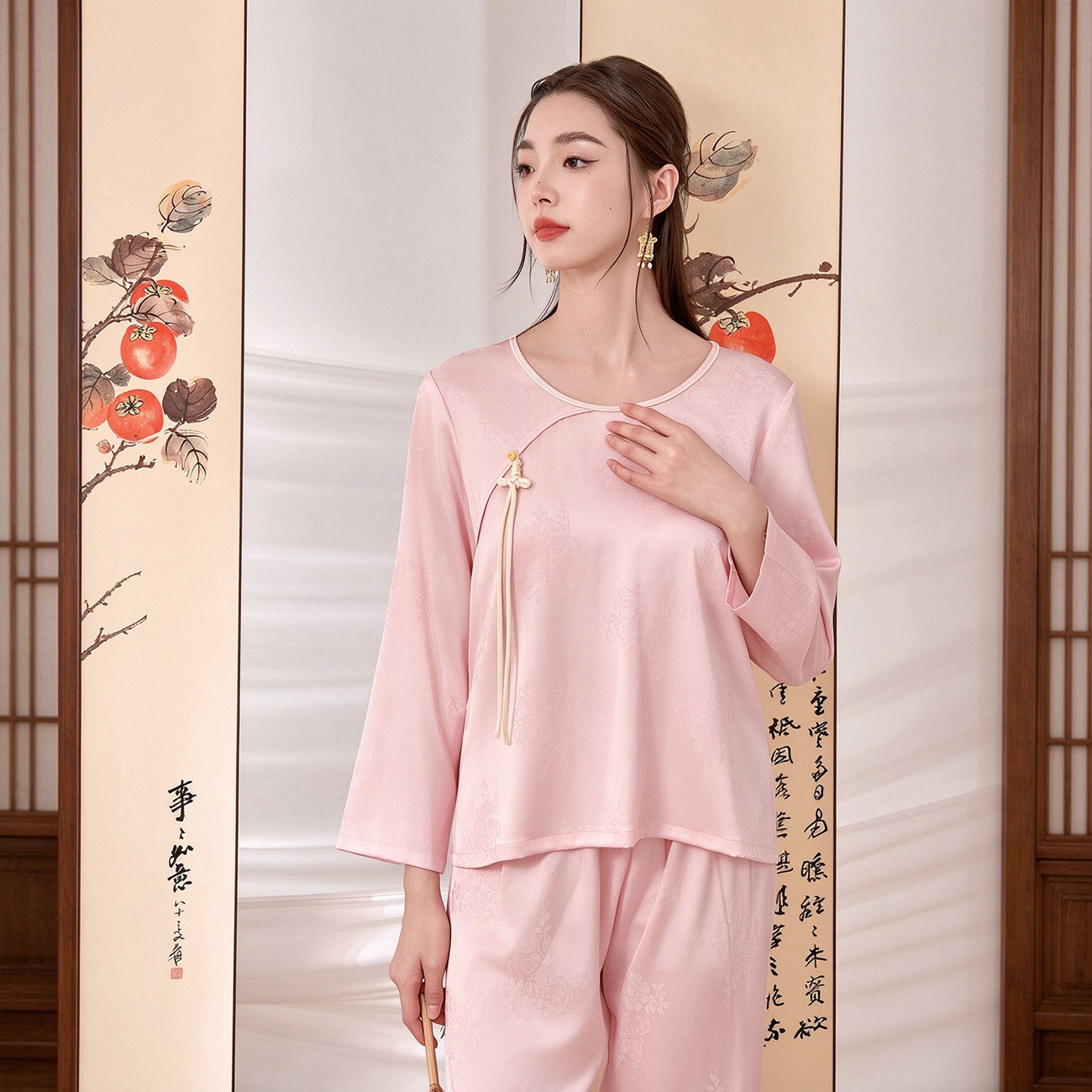 新凤舞新中式复古风丝提花睡衣女长袖套头冰丝舒适家居服套装