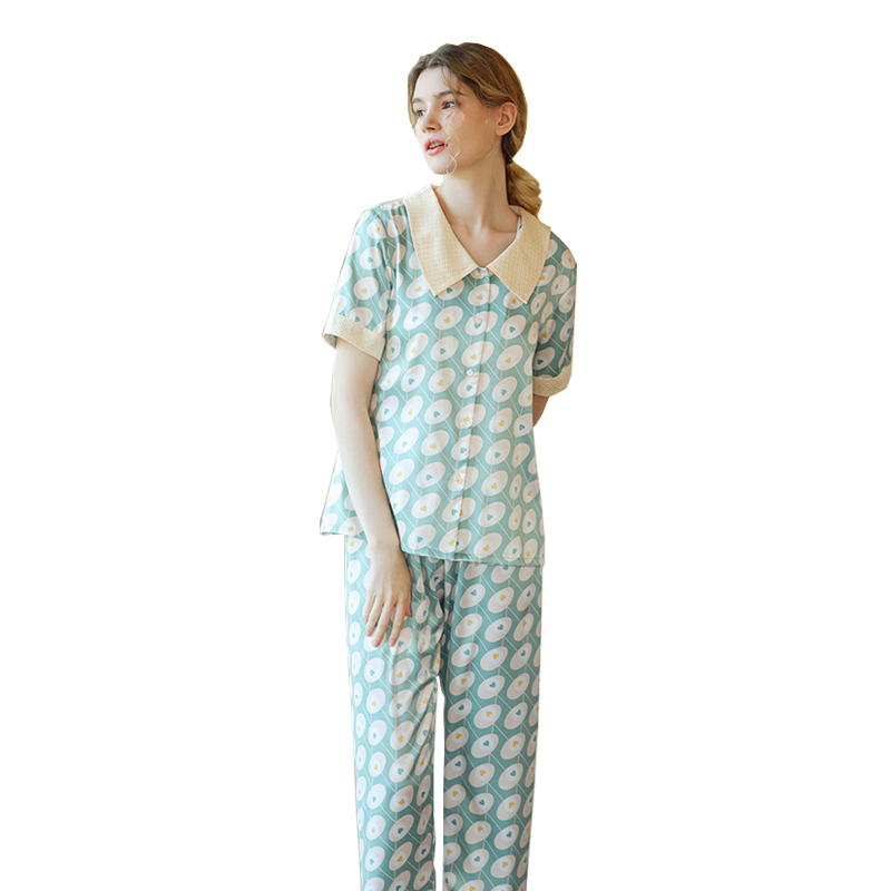 缎面睡衣女短袖长裤开衫夏季