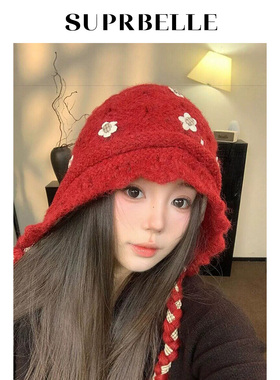 韩版时尚飘带花朵针织帽子女秋冬季加绒保暖毛线帽护耳包头帽防寒