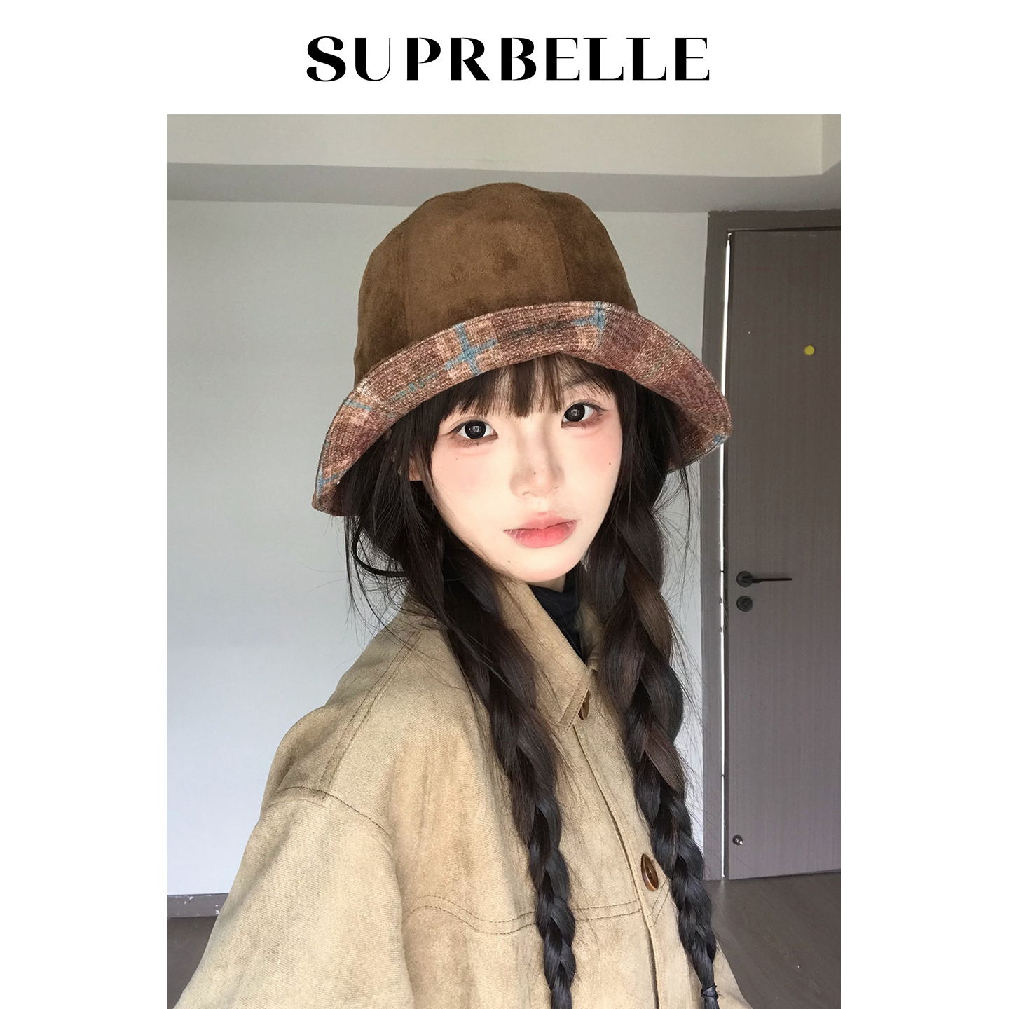 麂皮绒格纹渔夫帽文艺保暖显脸小