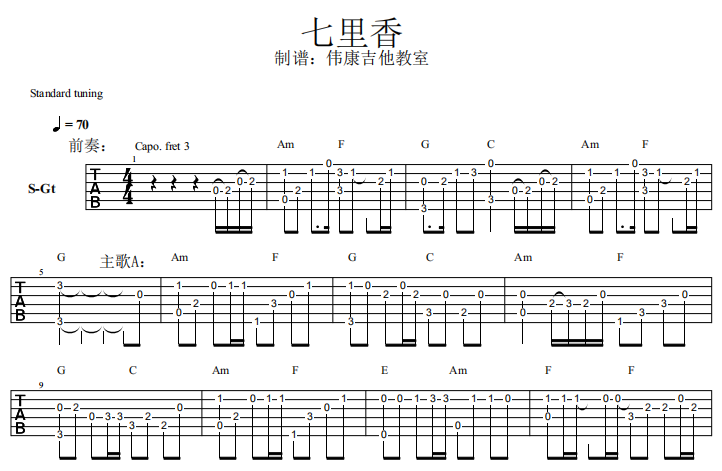 伟康吉他教室  《七里香》指弹  吉他谱