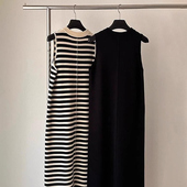 圆领中长款 条纹针织无袖 背心连衣裙女2025秋冬新款 显瘦黑色背心裙