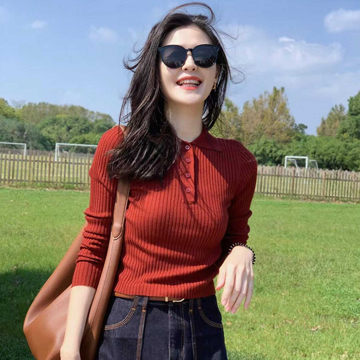 红色法式复古POLO领针织长袖T恤