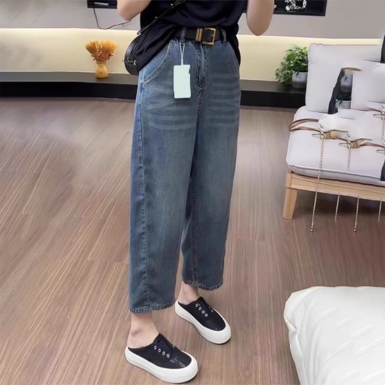 天丝哈伦牛仔裤女夏季薄款高腰梨型身材直筒宽松小个子九分老爹裤