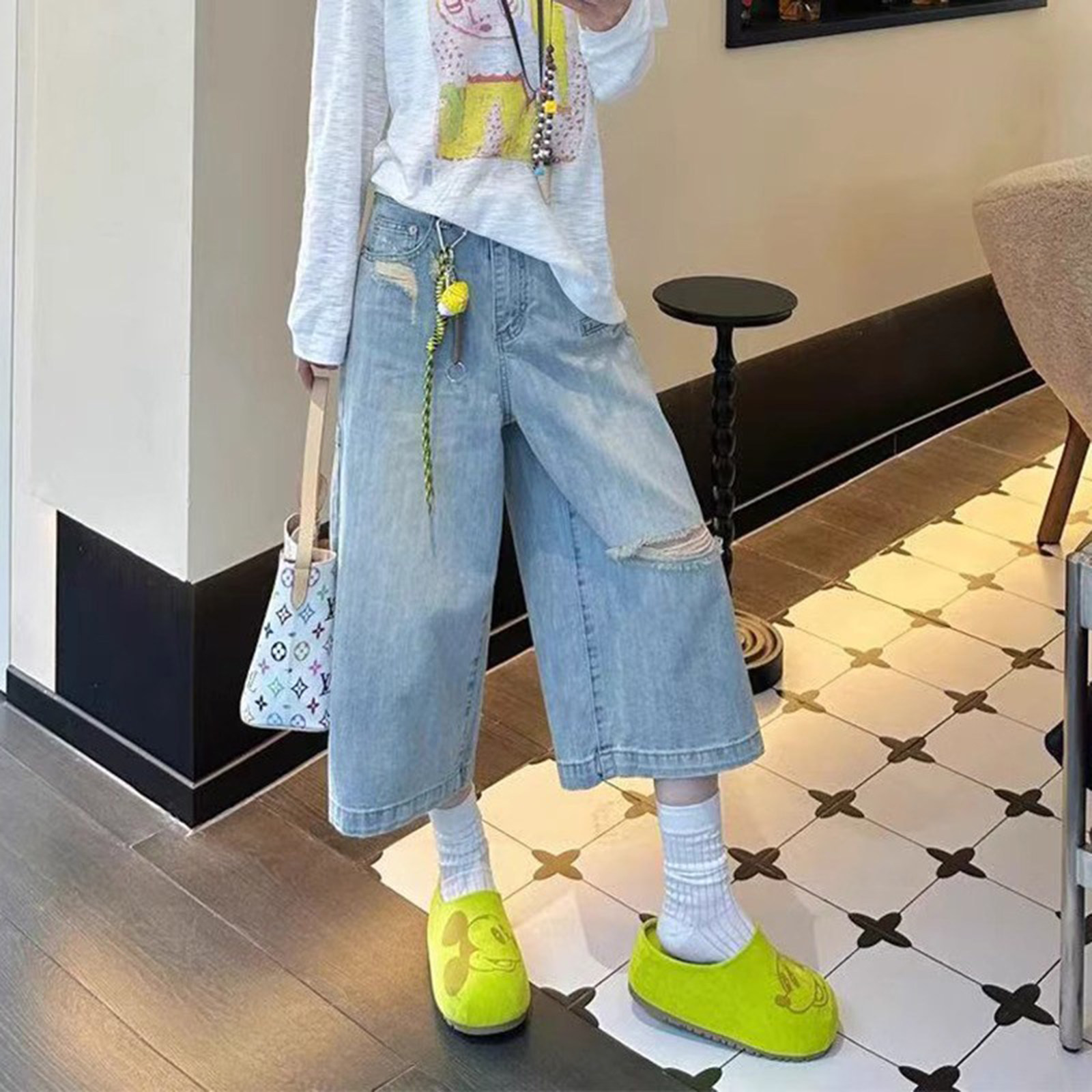 蓝色破洞牛仔裤女士夏季薄款大码梨形身材高腰直筒工装阔腿七分裤