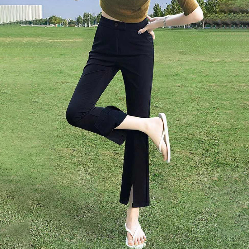 黑色显瘦微喇西装裤女秋季新款垂感开叉裤子马蹄裤九分高腰喇叭裤
