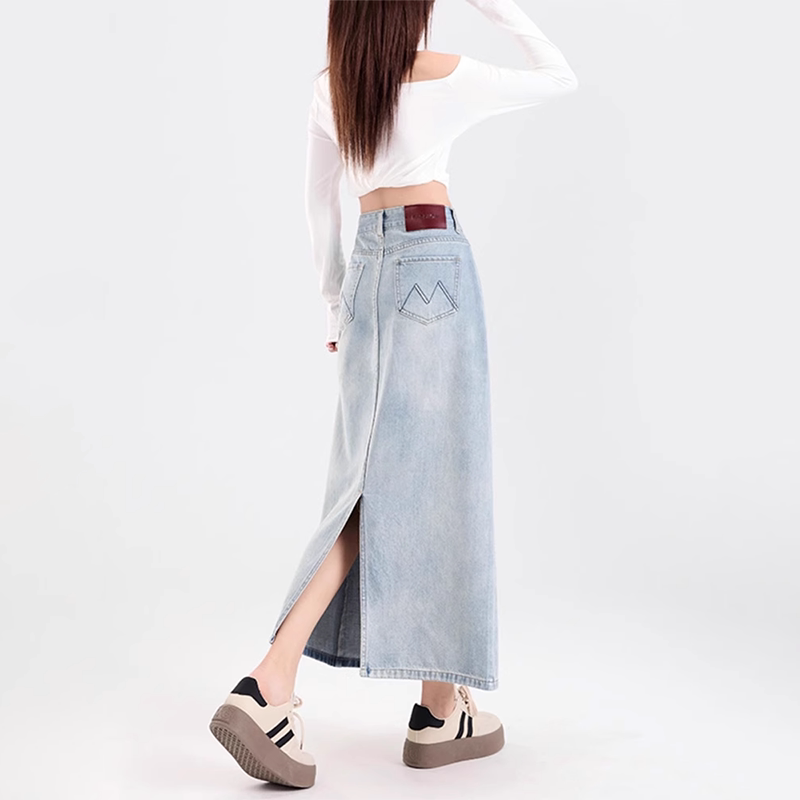 浅蓝色高腰开叉牛仔半身裙女春秋新款遮胯显瘦中长款包臀裙牛仔裙