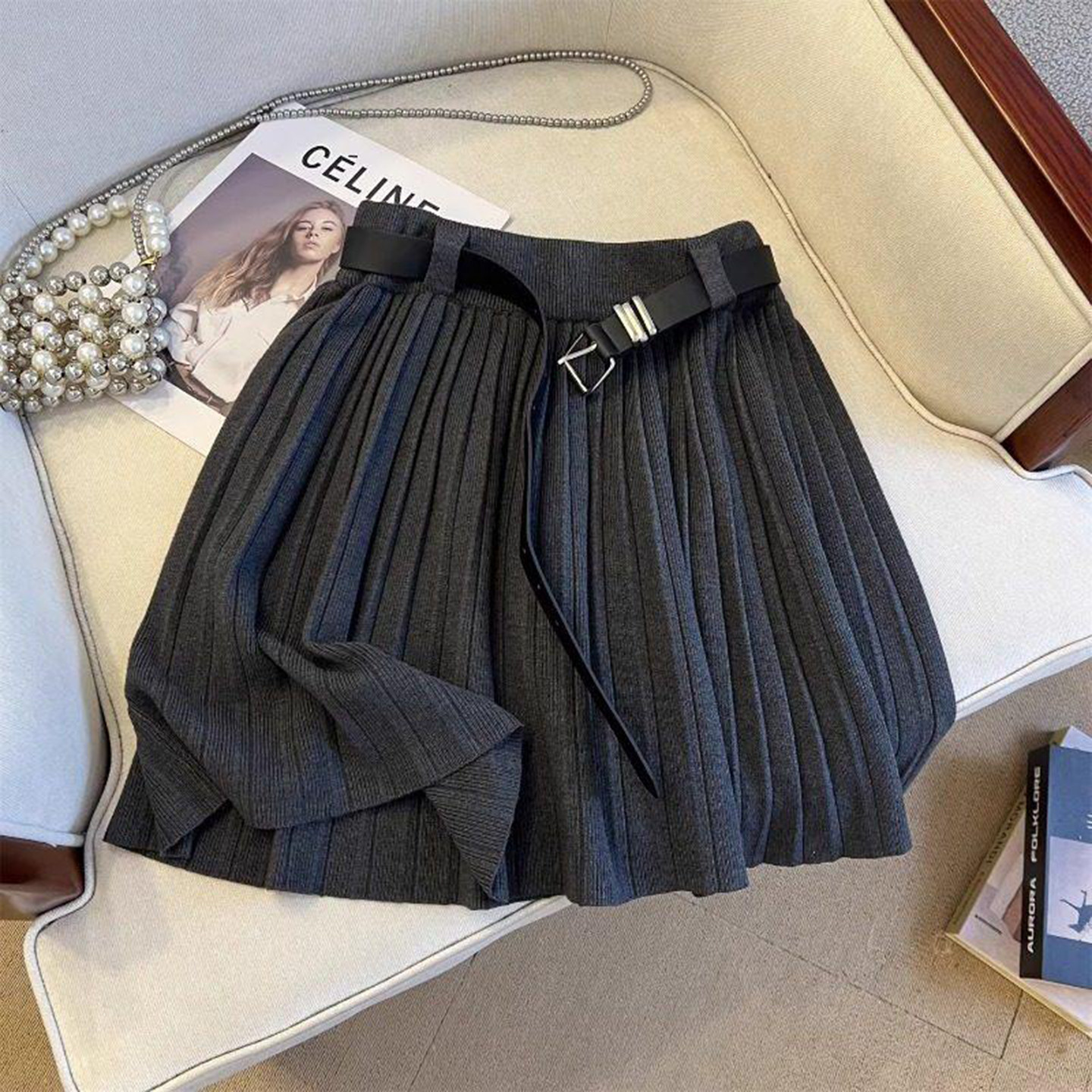 深灰色针织百褶半身裙女秋冬新款高腰显瘦时尚百搭小个子A字短裙
