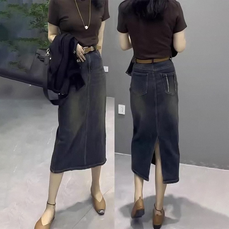 高腰开叉牛仔半身裙女秋季新款梨形身材遮胯显瘦中长款a字包臀裙