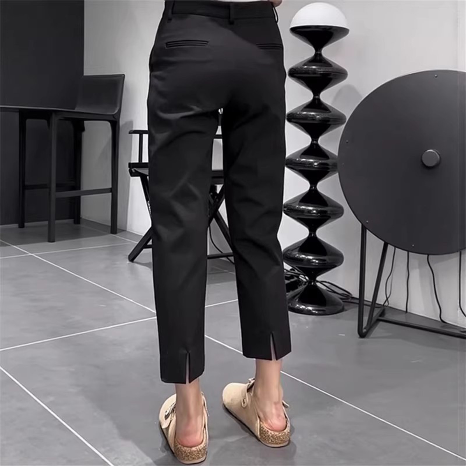 烟管裤女春秋新款黑色裤子高腰显瘦通勤西裤九分开叉直筒西装裤