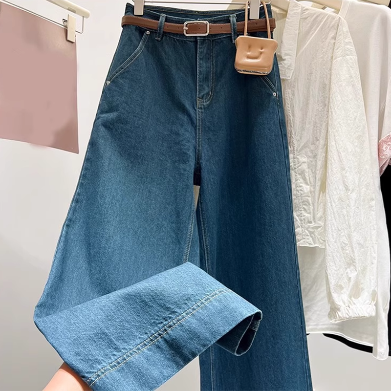 复古深蓝色微喇叭牛仔裤女春秋新款高腰直筒宽松大裤脚阔腿拖地裤