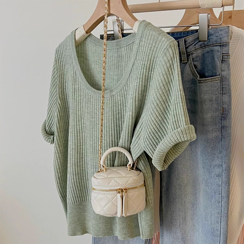 绿色U领正肩针织短袖t恤女夏季新款显瘦低领小个子短款冰丝上衣