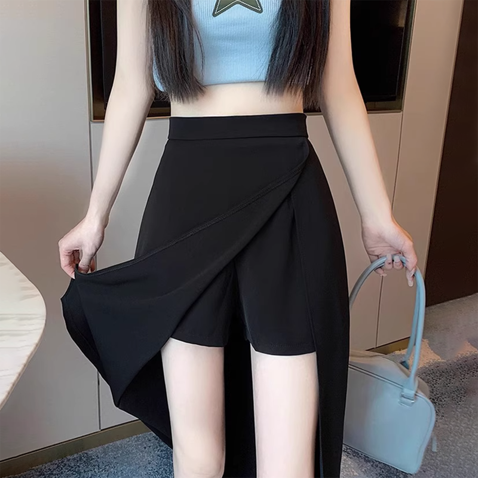 高腰显瘦防走光黑色开叉裙裤