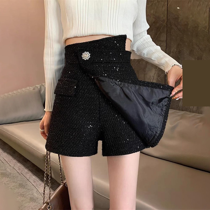 黑色高腰短裤女春秋新款裤裙不规则短裙a字阔腿休闲亮片半身裙裤