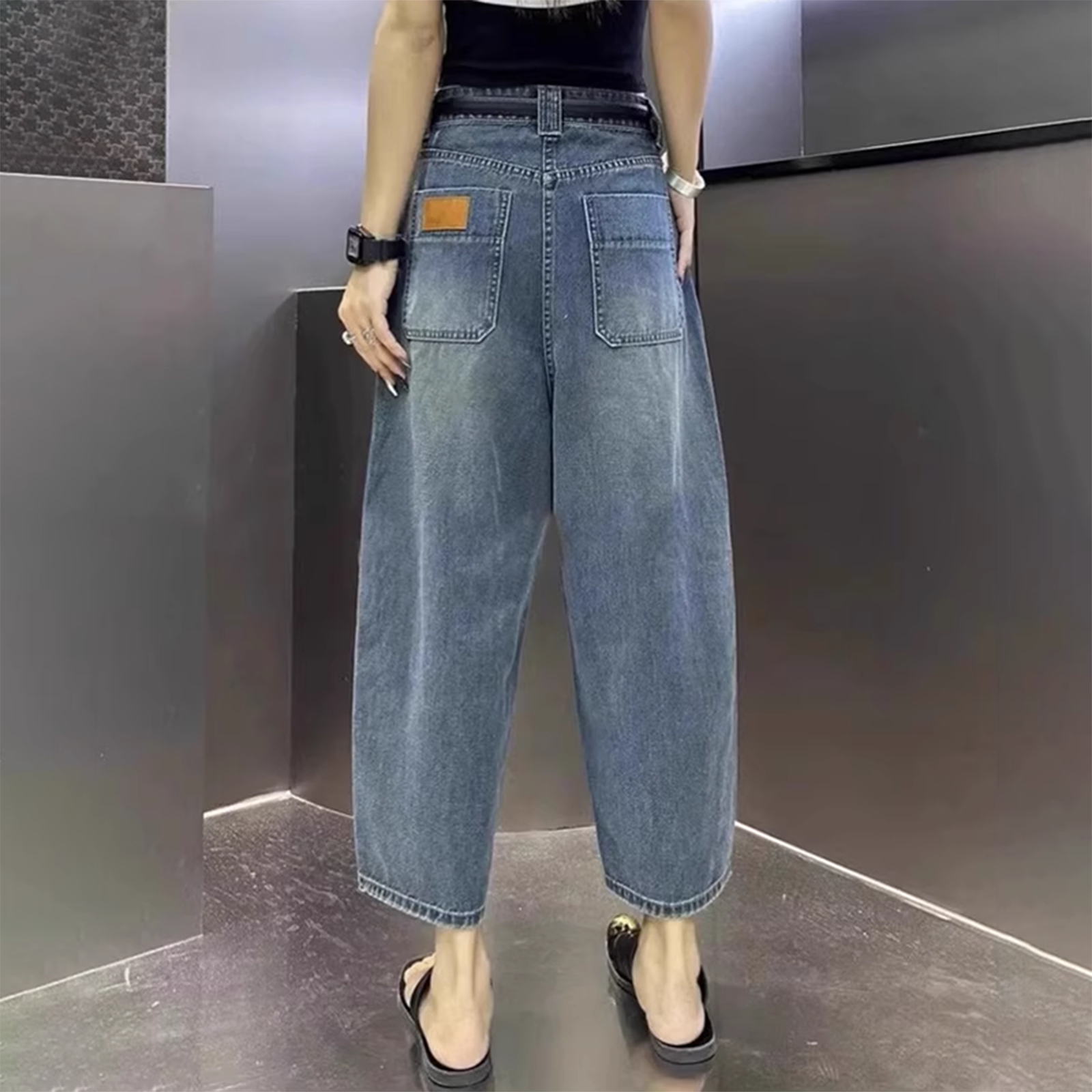 哈伦牛仔裤女夏季薄款高腰梨形身材宽松九分镰刀裤弯刀裤老爹裤