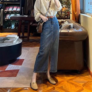 牛仔半身裙女春秋高腰开叉a字裙梨型身材显瘦中长款高级感包臀裙