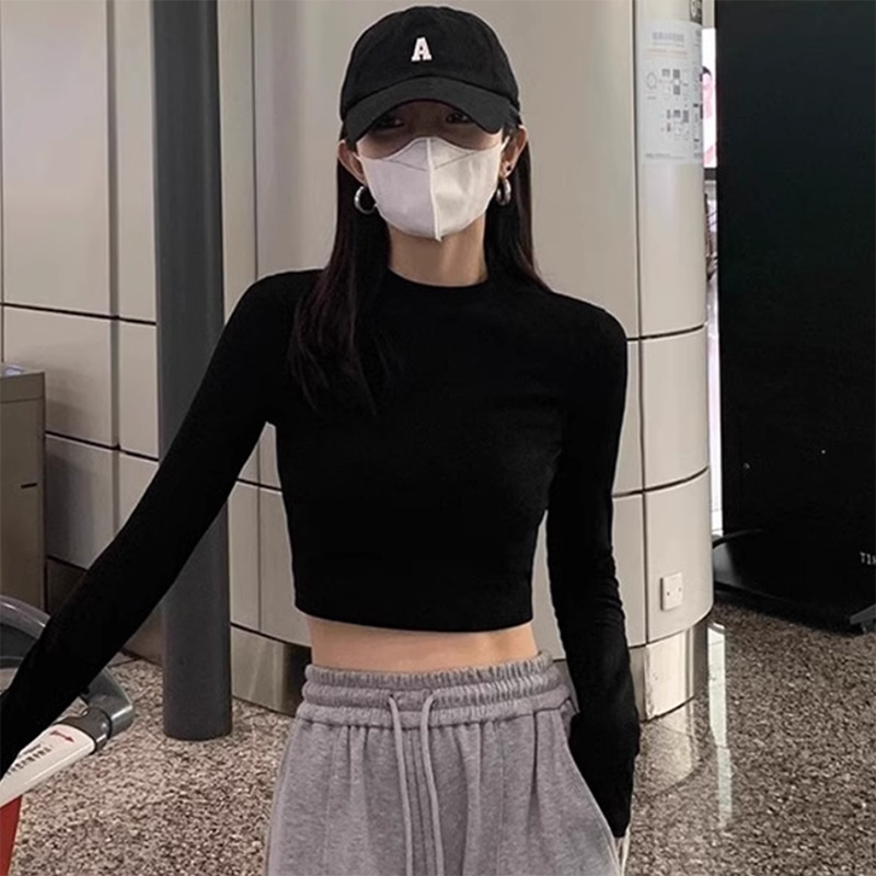 黑色高腰短款纯棉打底衫T恤女2024秋冬新款紧身内搭甜酷长袖上衣