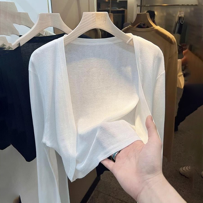 白色短款冰丝针织开衫女夏季配吊带裙外搭罩衫小披肩空调衫外套