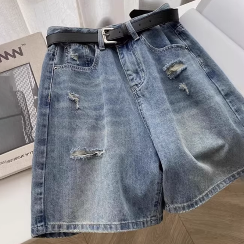 美式破洞牛仔短裤女夏季薄款大码胖mm高腰梨形身材a字阔腿五分裤