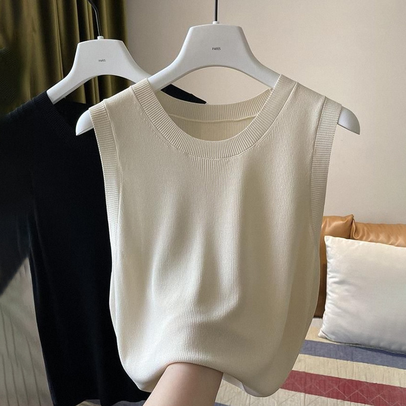 白色针织吊带背心女春秋外穿简约气质百搭圆领无袖打底衫西装内搭