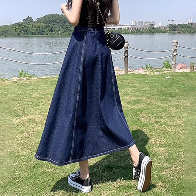 大码牛仔半身裙女2025春秋新款松紧高腰显瘦裙子宽松中长款a字裙