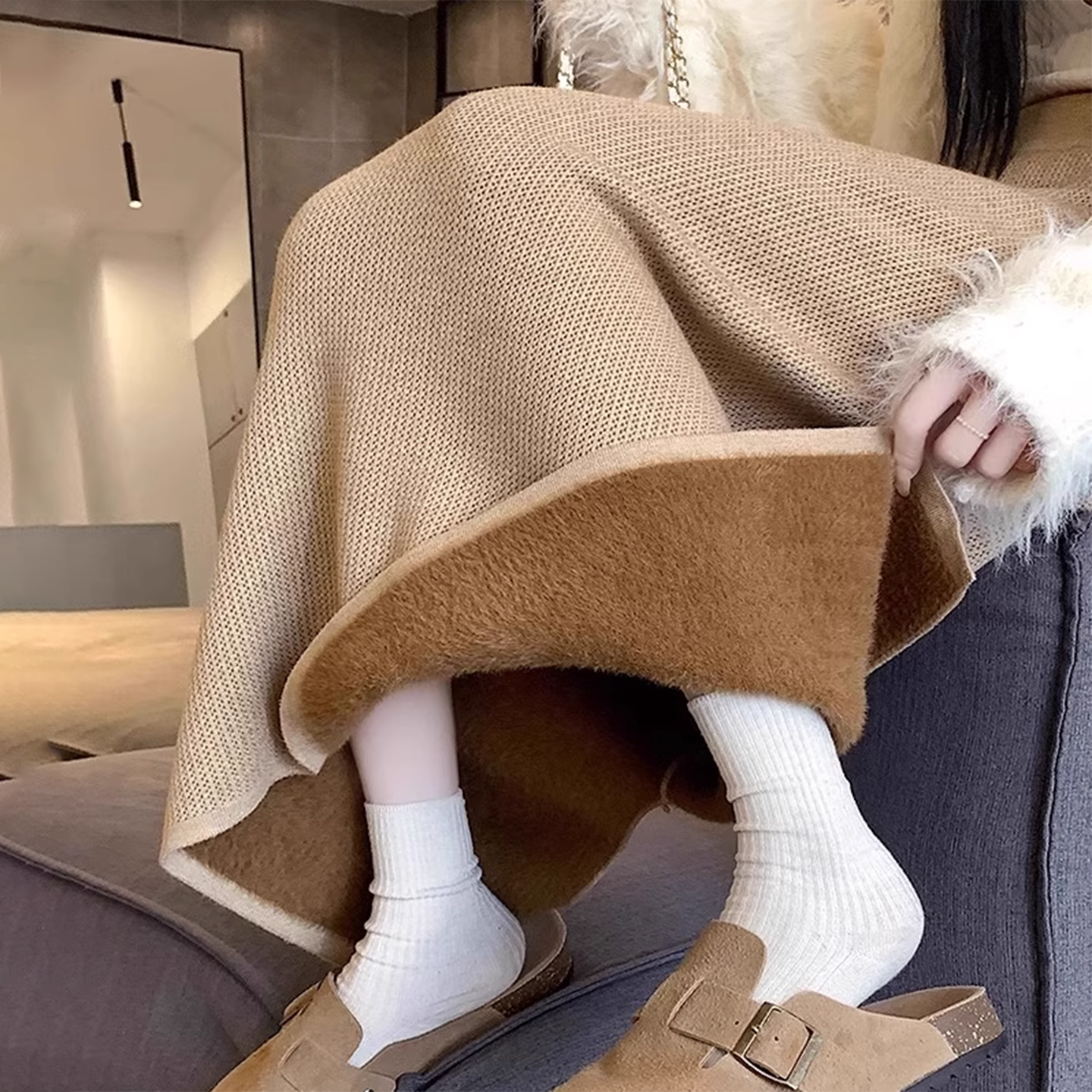 卡其色针织半身裙女冬季新款开叉长款洋气包臀裙高腰加绒加厚长裙