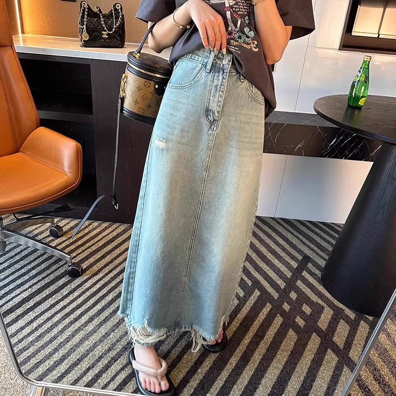 高腰大码后开叉牛仔半身裙女夏季复古薄款显瘦梨形身材毛边长款裙
