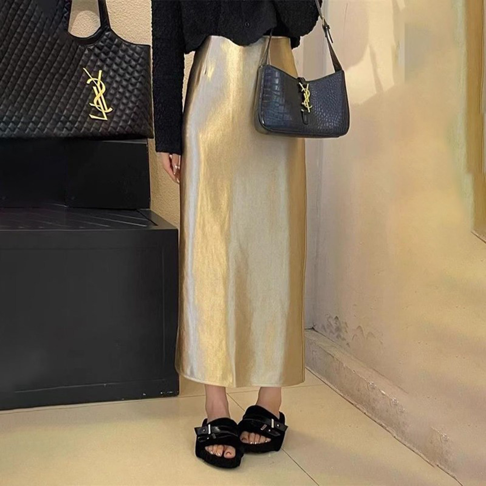 高级感缎面金色半身裙女春秋高腰开叉a字裙气质名媛中长款包臀裙