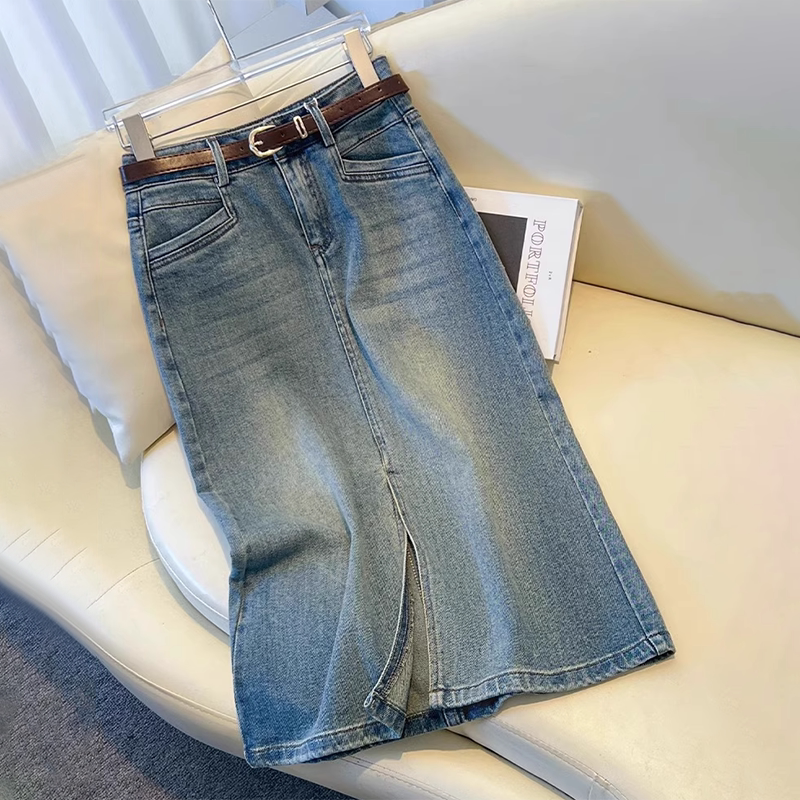 浅蓝色牛仔半身裙女夏季新款高腰开叉直筒裙复古百搭中长款包臀裙