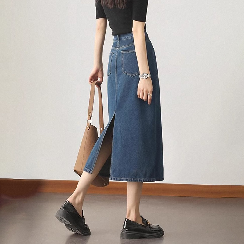 高级感牛仔半身裙女春夏新款高腰开叉直筒裙遮胯显瘦中长款裙子