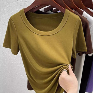 莫代尔短袖t恤女夏季薄款显瘦螺纹正肩体恤大圆领低领露锁骨上衣